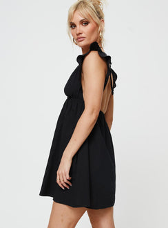 Plunge neck mini dress Cap sleeve, elasticated waistband, ruched skirt, tie fastening at back of neck Non-stretch material, unlined 