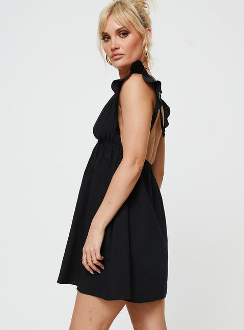 Plunge neck mini dress Cap sleeve, elasticated waistband, ruched skirt, tie fastening at back of neck Non-stretch material, unlined 