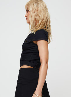 Dark wash denim vest top V-neckline, zip fastening at front, faux front pocket