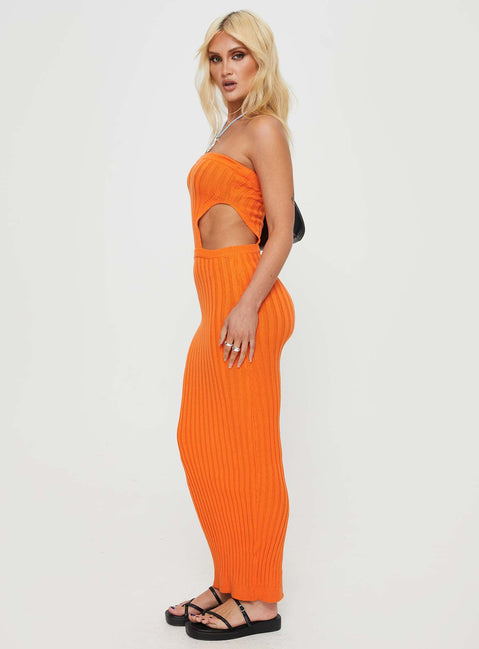 Strapless maxi dress Knit material, slim fitting, side cut-out detail, split at back, elasticated band at bust Good stretch, unlined