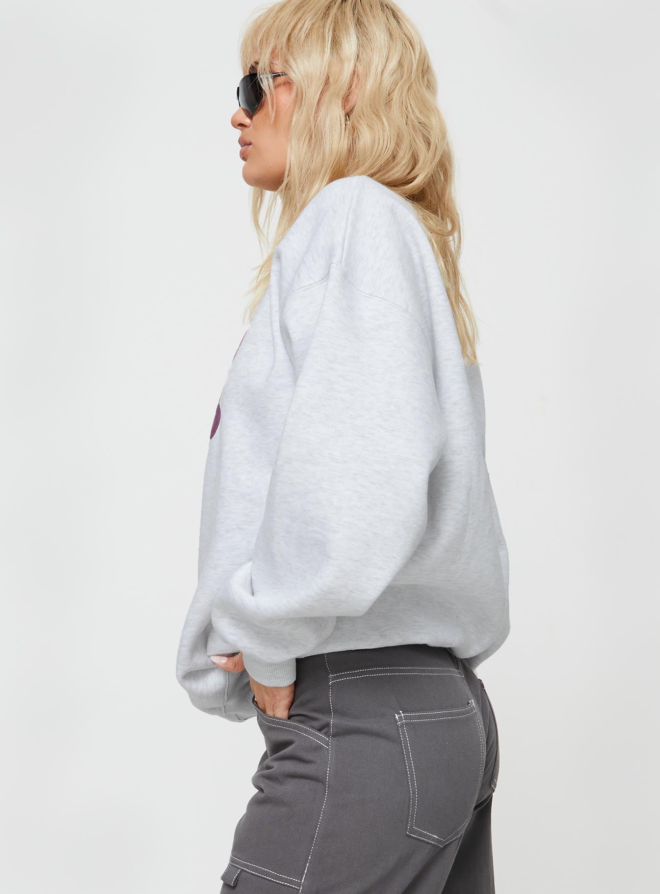 Princess Polly Crew Neck Sweatshirt Bubble Text Grey Marle / Burgundy Princess Polly  regular 