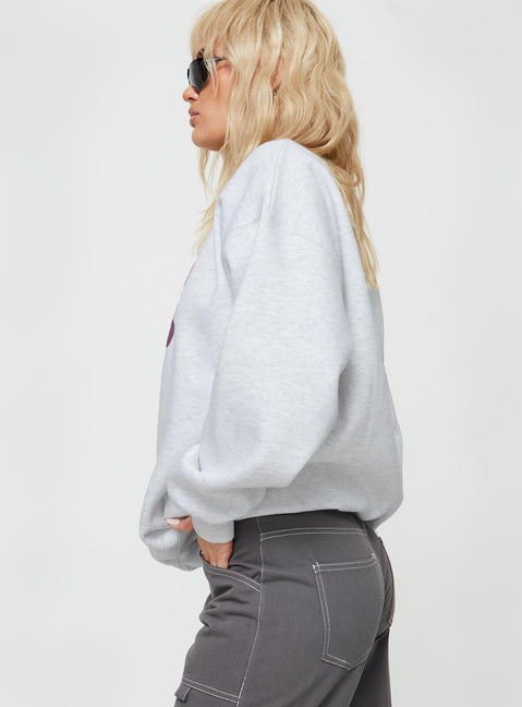 Princess Polly Crew Neck Sweatshirt Bubble Text Grey Marle / Burgundy Princess Polly  regular 