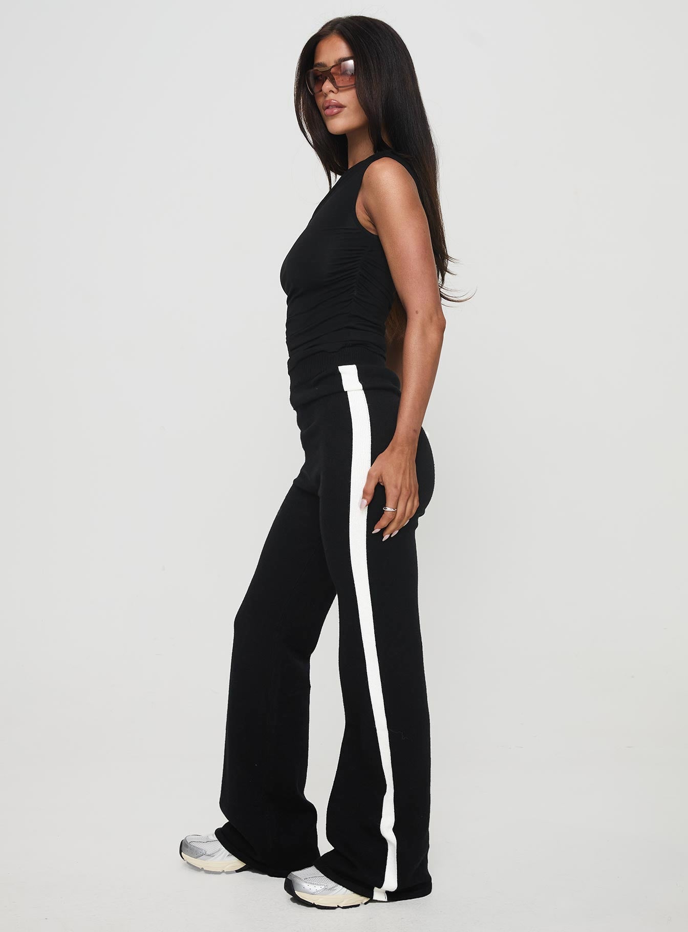 side view of model wearing Princess Polly Pastina Pants Black High Waisted Pants 