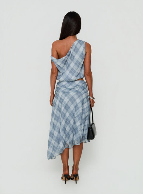 Explore the Sabbine Asymmetrical Midi Skirt Blue Check in womens-skirts featuring midi length back view of model wearing Princess Polly