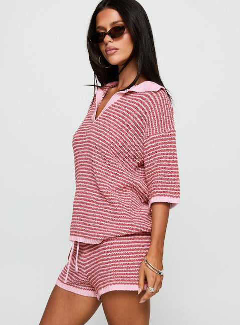 side view of model wearing Princess Polly Veloria Collared Top Pink Stripe Half Sleeves V-Neck 