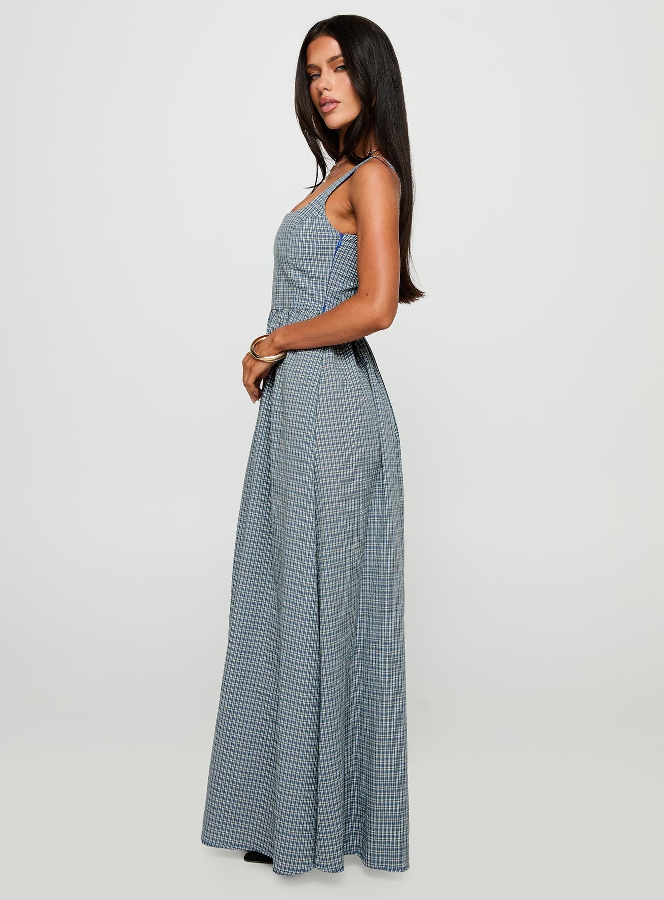 side view of model wearing Princess Polly Cartmel Check Maxi Dress Navy Square Neck 