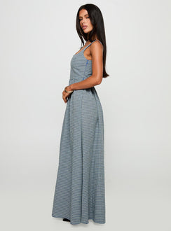 side view of model wearing Princess Polly Cartmel Check Maxi Dress Navy Square Neck 