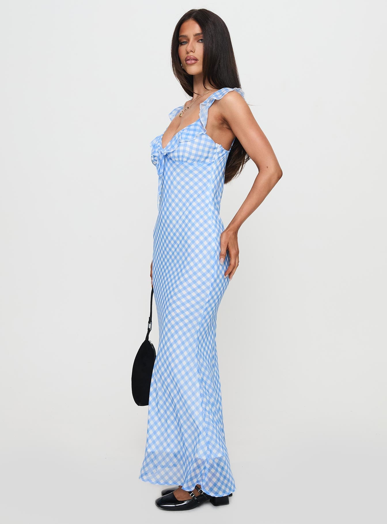 side view of model wearing Princess Polly Brigette Maxi Dress Blue Gingham Plunger 