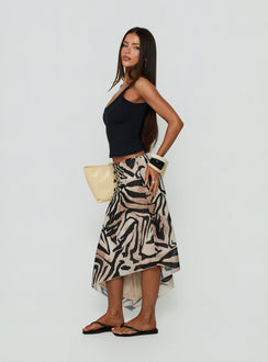 Designed with the Suella Asymmetrical Midi Skirt Zebra womens-skirts in fitted silhouette side view of model wearing Princess Polly