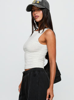 side view of model wearing Princess Polly Bleeker High Neck Top Grey Marle Sleeveless Crew Neck 