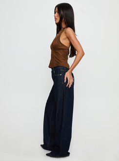 side view of model wearing Princess Polly Favourite Reference Mid Rise Straight Leg Jeans Dark Indigo Mid Rise Jeans Jeans 