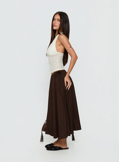   side view of model wearing Princess Polly Persuasion Tie Side Midi Skirt Chocolate Midi Skirts Skirts 