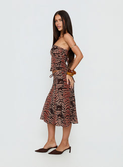   side view of model wearing Princess Polly Tipsy Midi Skirt Animal Multi 