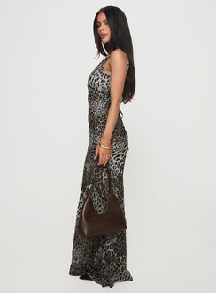 side view of model wearing Princess Polly Nellie Maxi Dress Leopard High Neck 