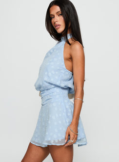 side view of model wearing Princess Polly Eurythmic Scarf Halter Mini Dress Blue Jacquard Asymmetric Neckline 