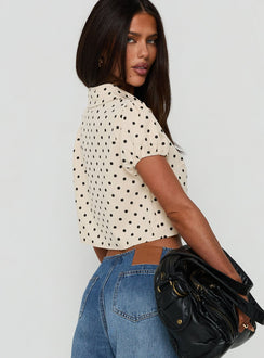 Kinnedie Puff Sleeve Blouse Top Cream Polka Dot