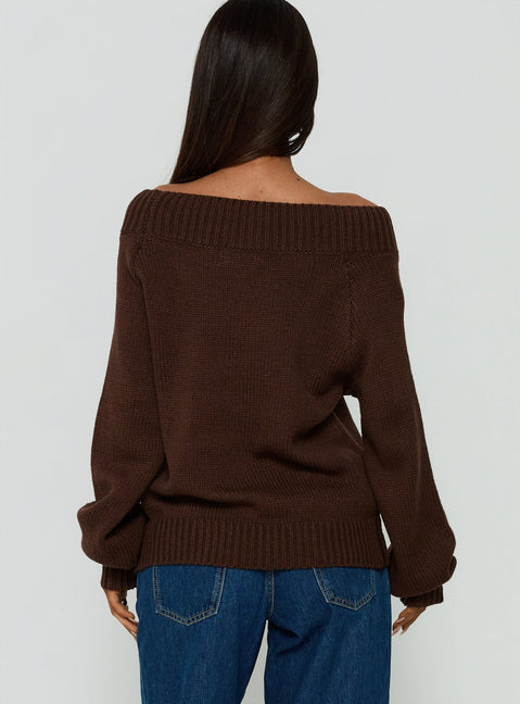 Always Be There Off Shoulder Knit Jumper Brown