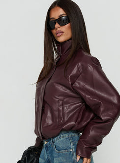 Kordale Funnel Neck Faux Leather Bomber Jacket Burgundy