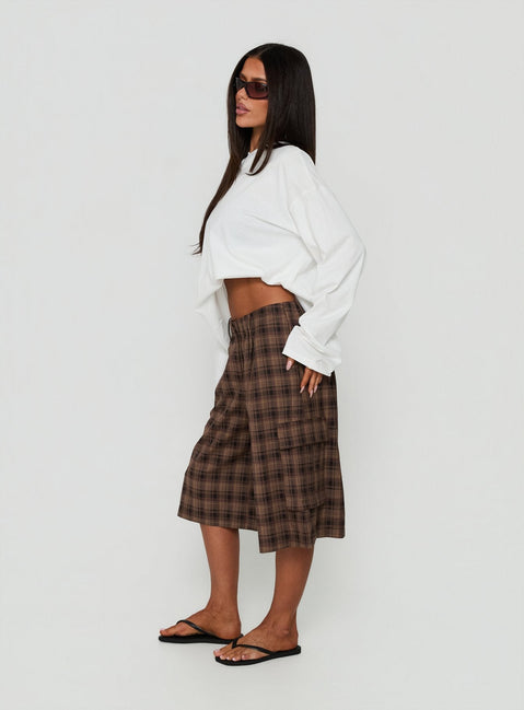 Brenn Baggy Longline Shorts Brown Plaid