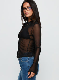 side view of model wearing Princess Polly Two Of Us Sheer Long Sleeve Top Black Full Sleeves V-Neck 