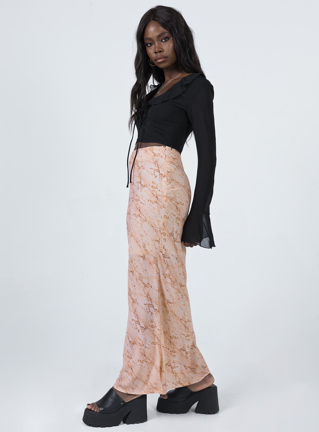   side view of model wearing Princess Polly Rayna Maxi Skirt Snake 