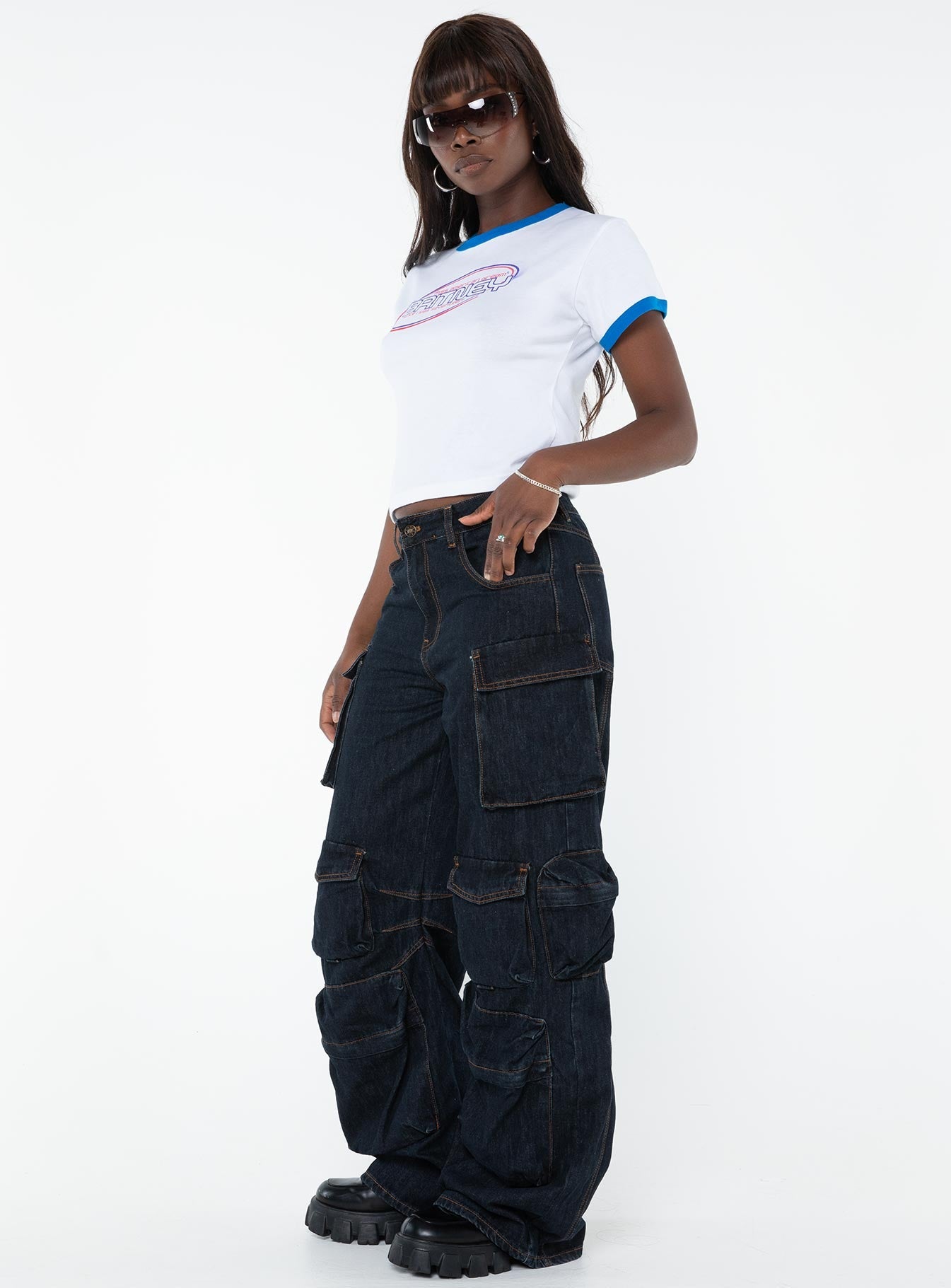 Front view of model wearing  front Princess Polly Mid Rise  Smokeshow Jeans Dark Denim