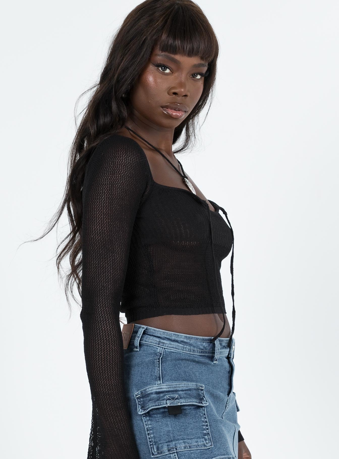 Long sleeve top Knit material  Square neckline Keyhole cut out with tie fastening Good stretch