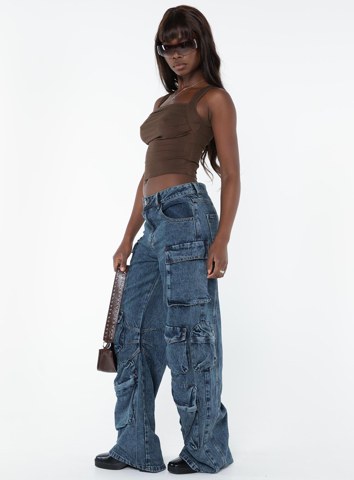 Front view of model wearing  front Princess Polly Mid Rise  Smokeshow Jeans Blue Denim