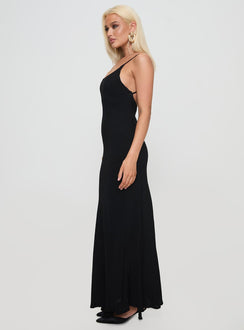 side view of model wearing Princess Polly Lagane Bias Cut Maxi Dress Black Scoop Neck 