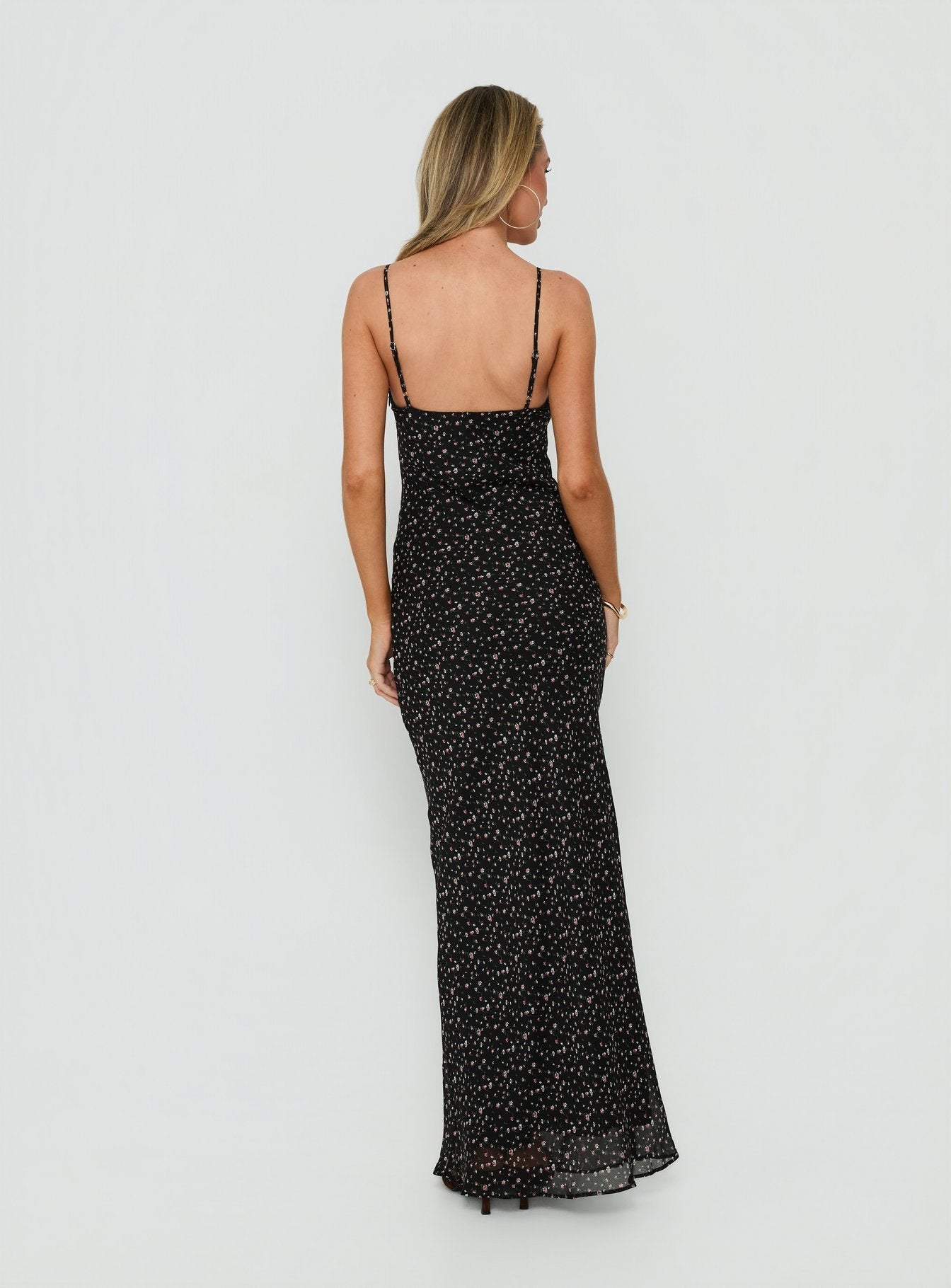 Alasia Lace Trim V Neck Maxi Dress Black Floral