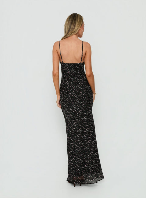 Alasia Lace Trim V Neck Maxi Dress Black Floral