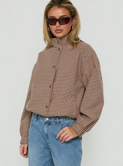 Khodana Funnel Neck Button Down Jacket Micro Brown Check