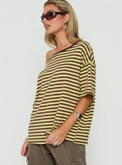 Settle Down One Shoulder Top Yellow / Chocolate Stripe