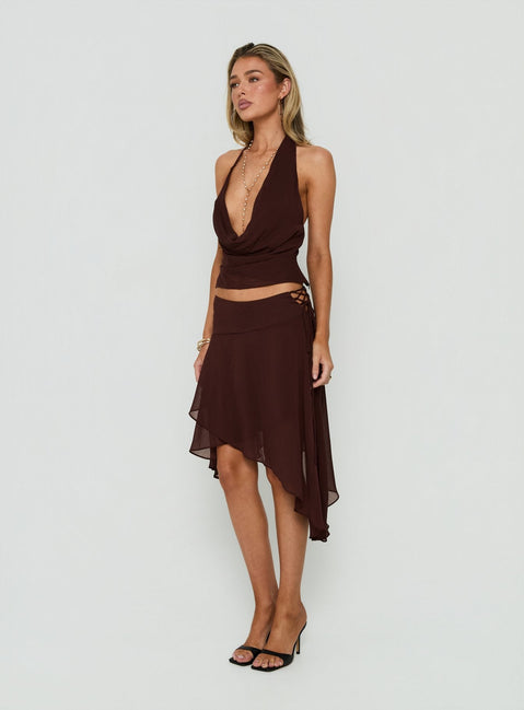 Featuring asymmetry, the Evaleine Chiffon Midi Skirt in Chocolate womens-skirts side view of model wearing Princess Polly