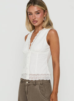 Avenza Collared Lace Trim Sleeveless Top White