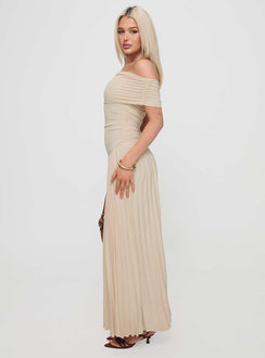 side view of model wearing Princess Polly Field Of Dreams Maxi Dress Oatmeal Straight Neck 