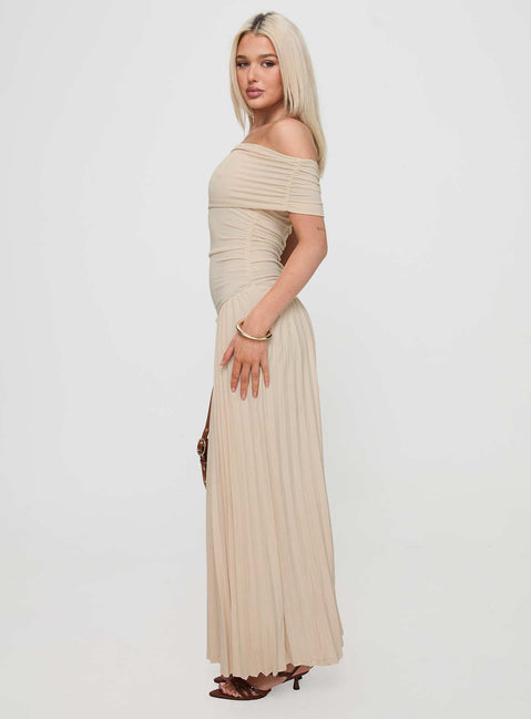 side view of model wearing Princess Polly Field Of Dreams Maxi Dress Oatmeal Straight Neck 