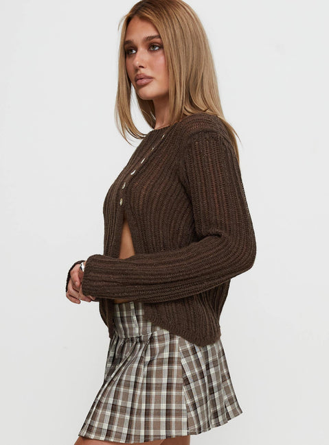 side view of model wearing Princess Polly Lenker Knit Sweater Brown Long 