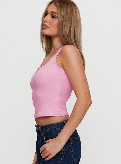 side view of model wearing Princess Polly Baseline Square Neck Rib Tank Top Pale Pink Sleeveless Scoop Neck 