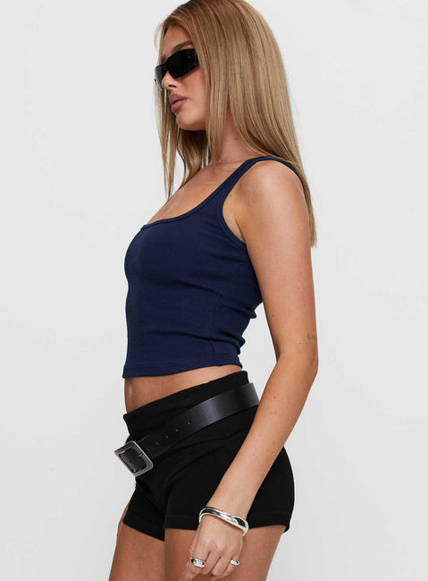 side view of model wearing Princess Polly Baseline Square Neck Rib Tank Top Navy Sleeveless Square Neck 