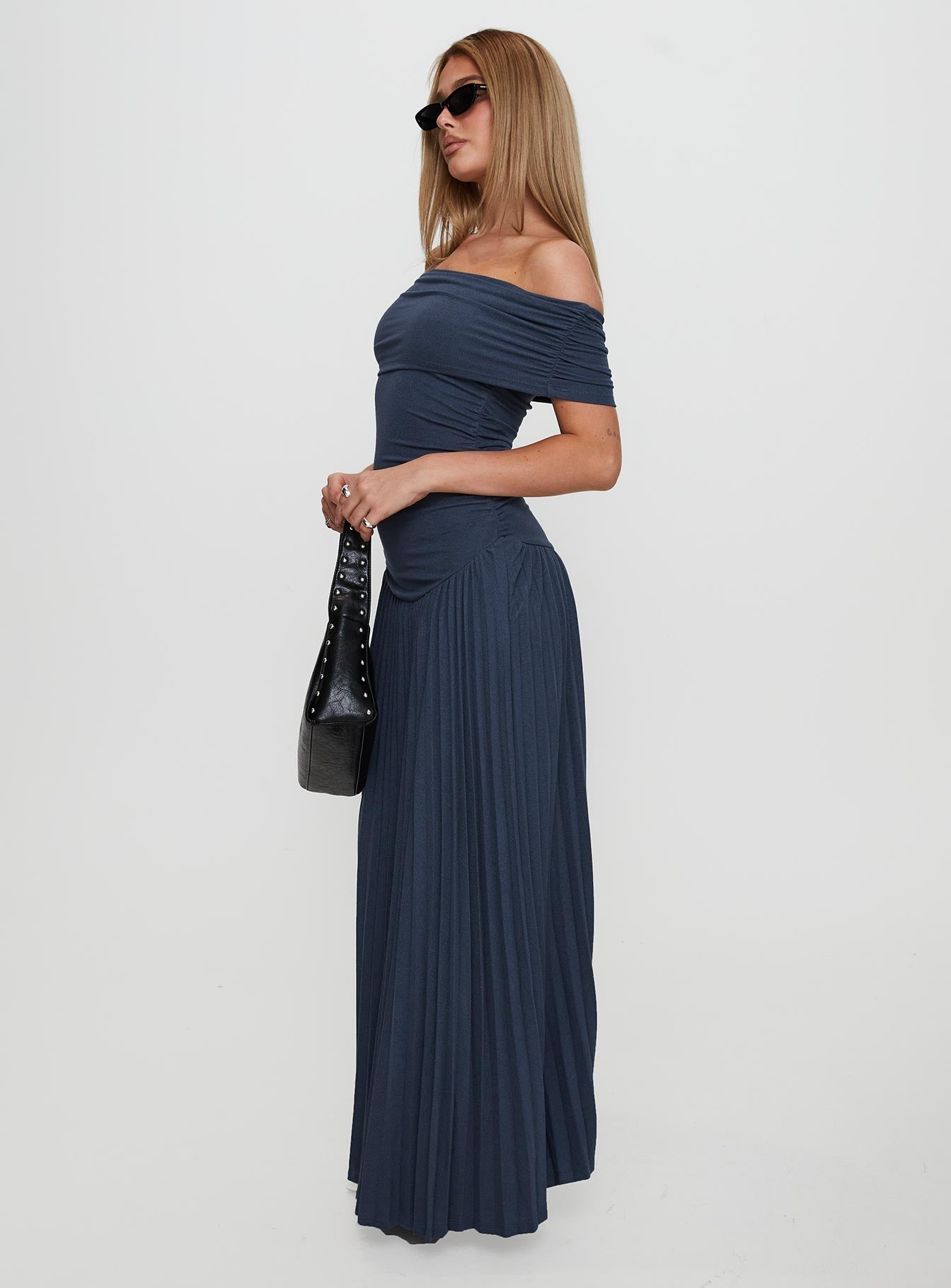 side view of model wearing Princess Polly Field Of Dreams Maxi Dress Navy Straight Neck 