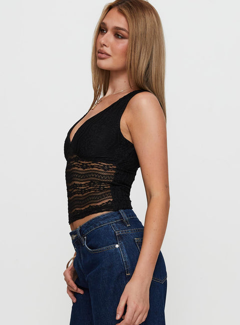 side view of model wearing Princess Polly Loxlee Lace Plunge Neck Top Black Sleeveless V-Neck 