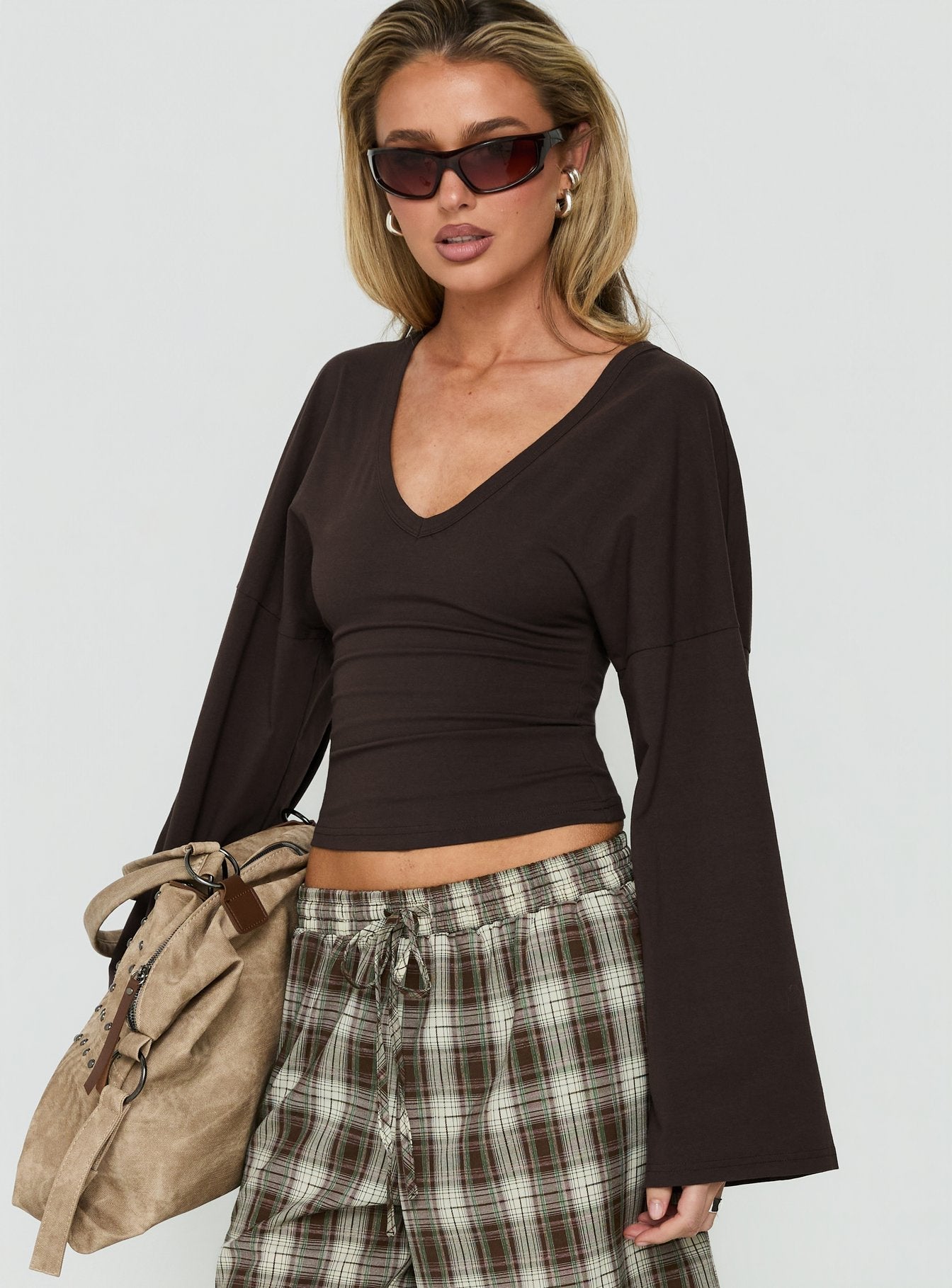 Dance With Shadows Batwing V Neck Long Sleeve Top Brown