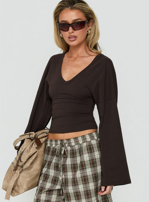 Dance With Shadows Batwing V Neck Long Sleeve Top Brown