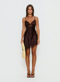 Raines Asymmetrical Lace Mini Dress Brown