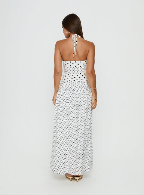 Marguerite Halter Maxi Dress White Polka Dot