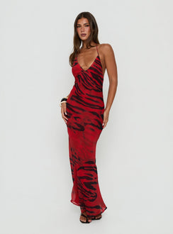 Eloisia T-Back Plunge Maxi Dress Red Animal