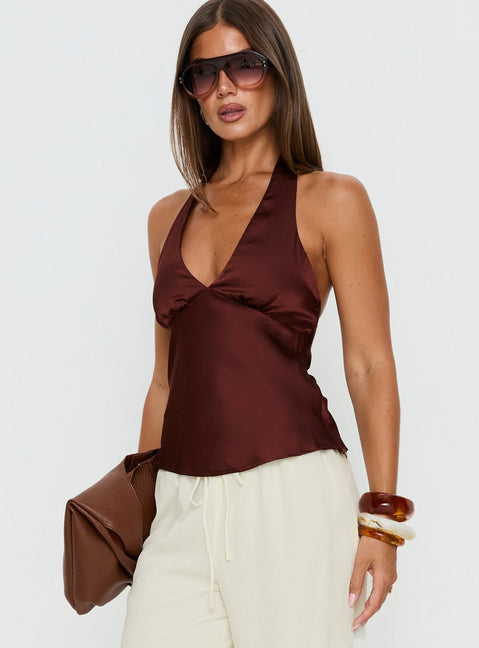 Remarkable Satin Plunge Neck Top Chocolate