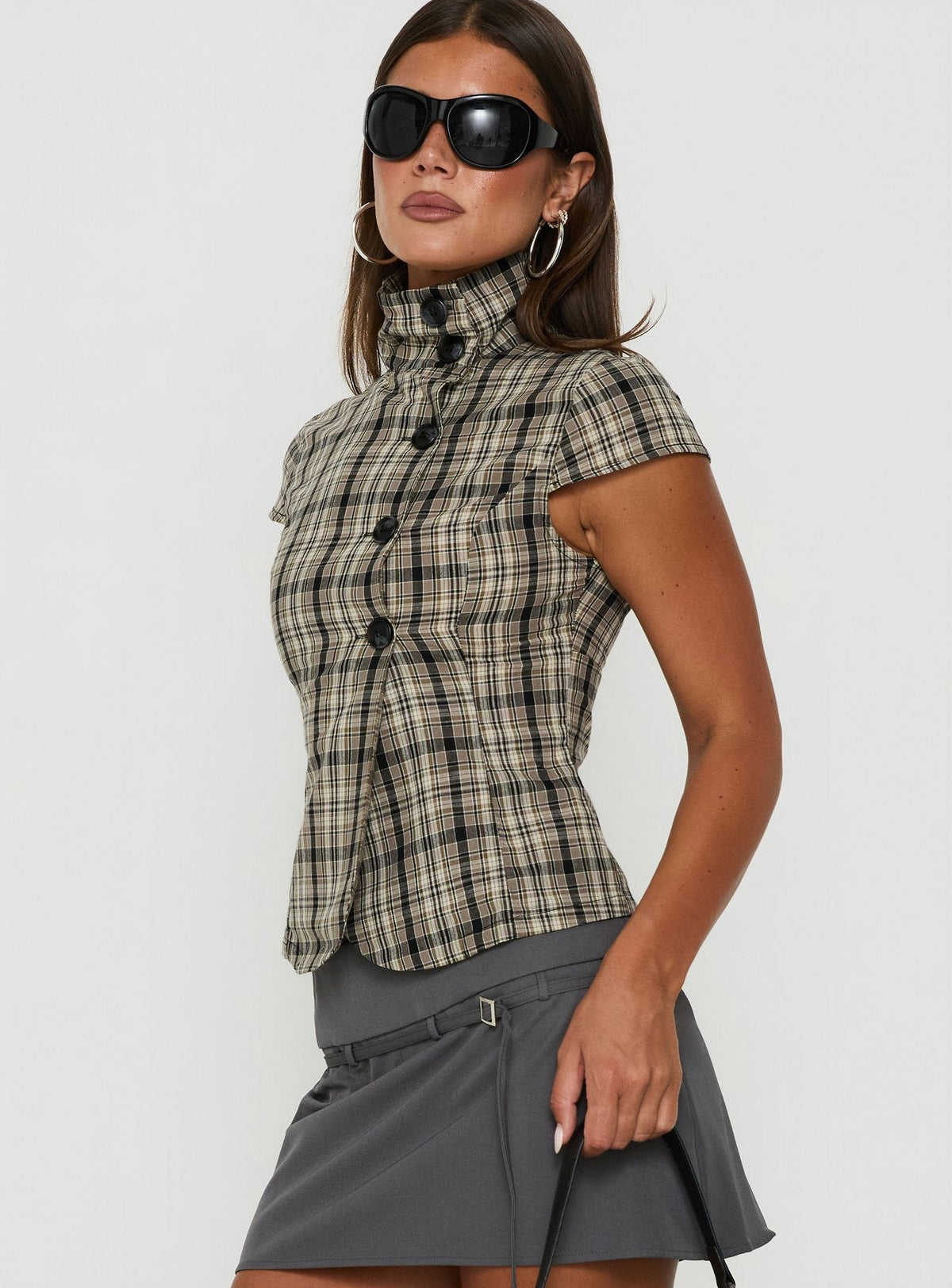 Maxina High Neck Button Up Top Check