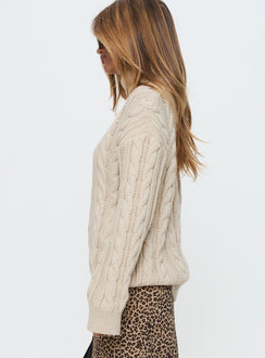 side view of model wearing Princess Polly Bryden Turtleneck Cable Knit Sweater Beige Long 